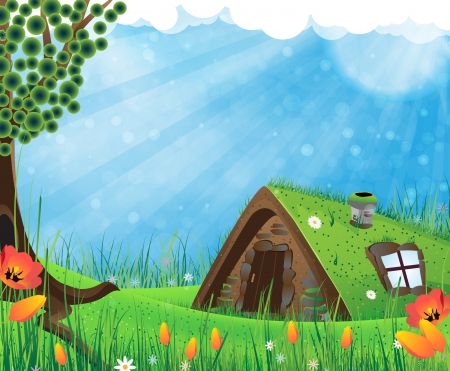 Fantasy house with a sod roof on a meadow with blooming tulipsのイラスト素材