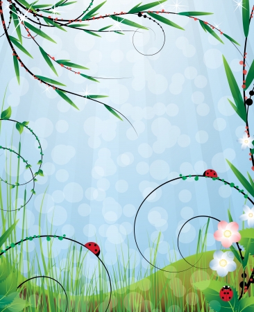 Green meadow with wildflowers and insects  Spring sunny landscapeのイラスト素材