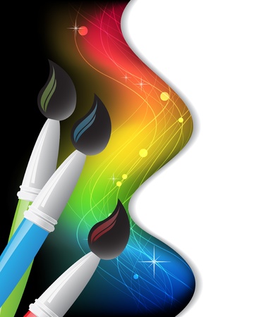 Three paintbrush and abstract rainbow wave on a white backgroundのイラスト素材