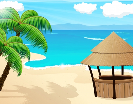 Tropical sandy coast with palm trees and bungalow barのイラスト素材