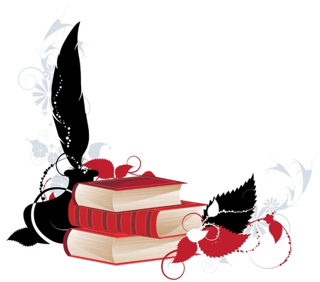 Three red  hardcover books on a floral silhouettes background. のイラスト素材