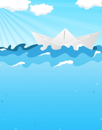 Paper boat floating in the oceanのイラスト素材
