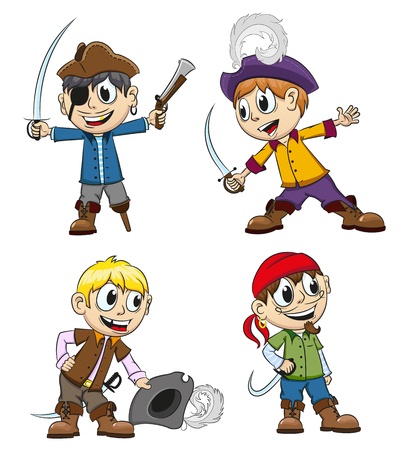 Children in pirates costumes with toy weapons on a white backgroundのイラスト素材