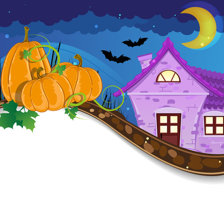 Three pumpkins with sprouts and leaves near the brick house. Halloween scene  with place for textのイラスト素材