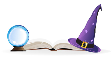 Witch hat, spell book and a magic ball on a white backgroundのイラスト素材