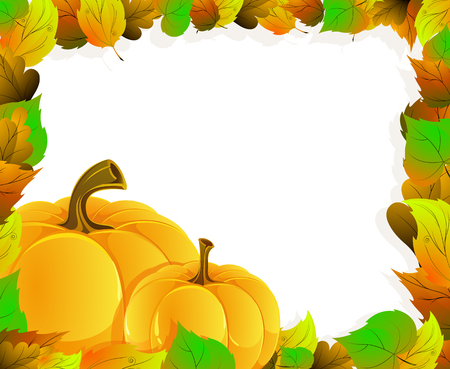 Two pumpkins on a background of autumn leaves. Halloween Greeting Cardのイラスト素材