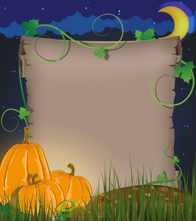 Pumpkins and ancient parchment against the night sky. Halloween invitationのイラスト素材