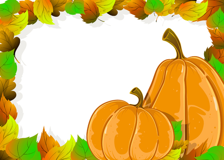 Two pumpkins and autumn leaves on a white background. Halloween frameのイラスト素材