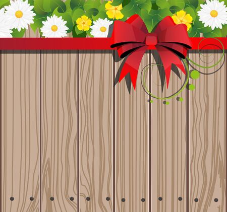 Wooden fence background with  bow and flowersのイラスト素材