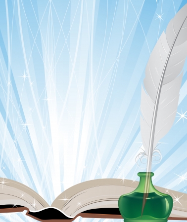 Open book, ink and white feather on a blue shining backgroundのイラスト素材