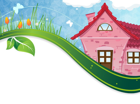 Red house with a tiled roof on a sunny meadow. Rural landscapeのイラスト素材