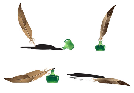 Feathers and inkwells on a white background in different positionsのイラスト素材