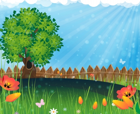 Tree and flowers in the meadow. Summer  landscape nature.のイラスト素材