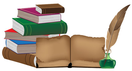 Stack of old books and writing utensilsのイラスト素材