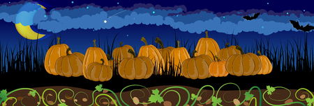 Pile of pumpkins in the tall grass. Halloween night sceneのイラスト素材