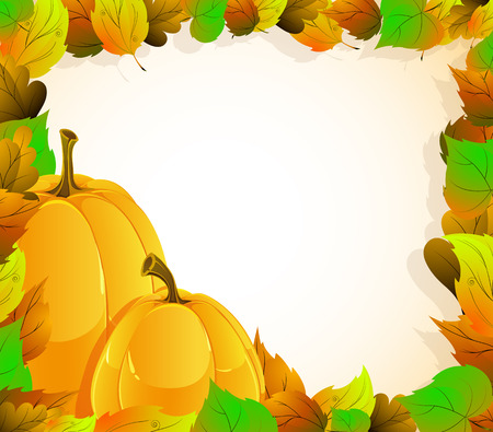 Two pumpkins on a background of autumn leaves. Halloween Greeting Cardのイラスト素材
