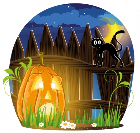 Pumpkin monster with leaves and  sprouts are under the fence on which there is a black catのイラスト素材