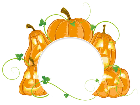 Pumpkin monsters with different facial expressions on a white background with round place for textのイラスト素材