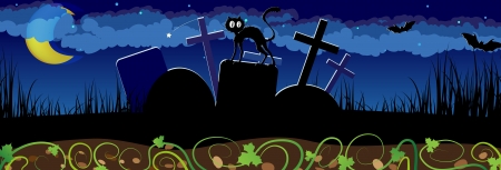 Night cemetery with a black cat on a gravestone. Abstract  Halloween landscapeのイラスト素材