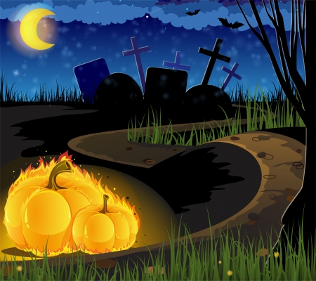 Burning pumpkins on the path leading to the old cemeteryのイラスト素材