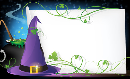 Witch hat, boiling cauldron and sheet of paper on a blue backgroundのイラスト素材