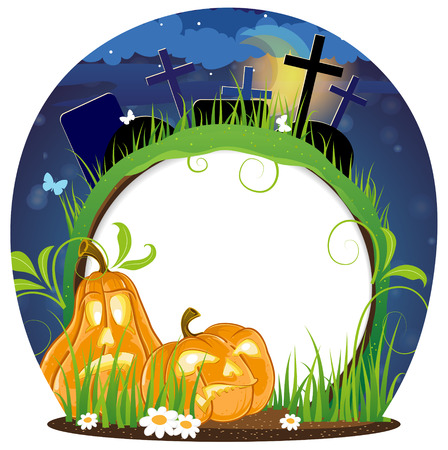 Evil pumpkin head on a night cemetery. Abstract Halloween  backgroundのイラスト素材