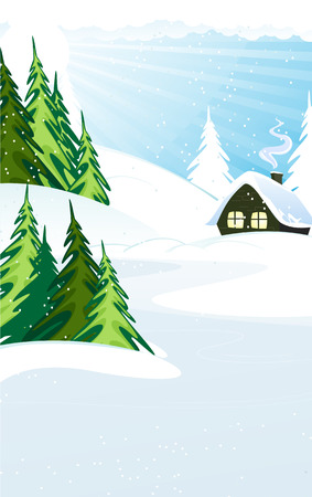 House with roof covered in snow in a pine forest. Winter landscape.のイラスト素材