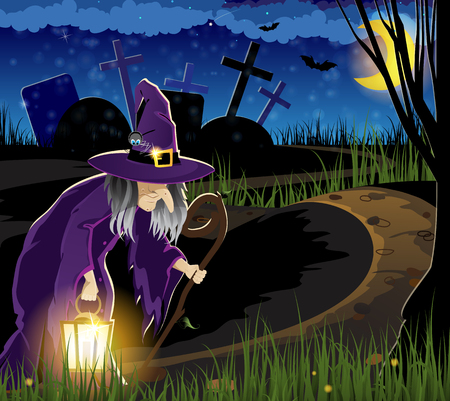Witch with a lantern on the path leading to the old cemetery. Halloween night sceneのイラスト素材
