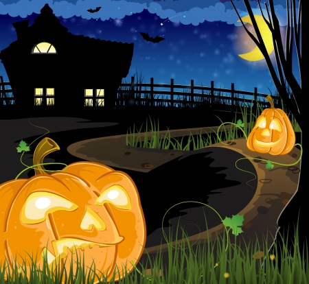  Jack o Lanterns on the path leading to the house with glowing windowsのイラスト素材