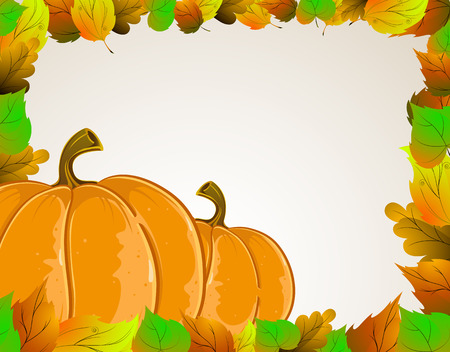  Pumpkins on a background of autumn leaves. Halloween Greeting Cardのイラスト素材