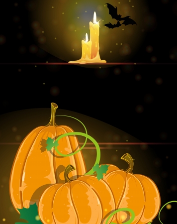 Pumpkins with sprouts and leaves and burning candles on a dark backgroundのイラスト素材