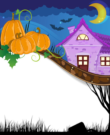 Halloween pumpkins with sprouts and leaves near the brick house. Halloween background  with place for textのイラスト素材