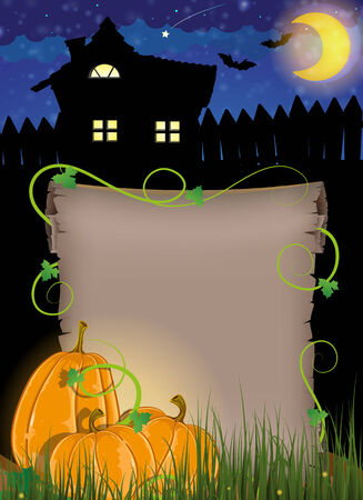  Pumpkins with parchment in a grass near the house with glowing windows. Halloween night scene  のイラスト素材