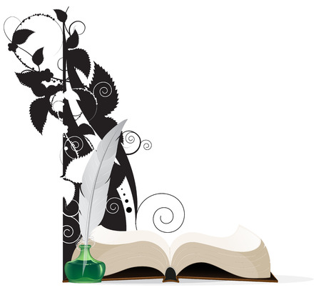 Open hardcover book and floral silhouettes on a white background. のイラスト素材