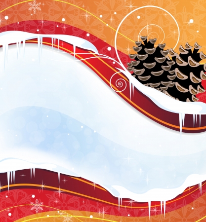 Red winter background with pine cones and a red ribbonのイラスト素材