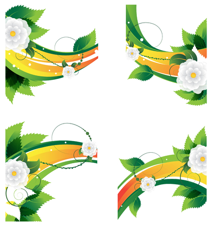 White flowers and leaves on orange and green decorative elementsのイラスト素材