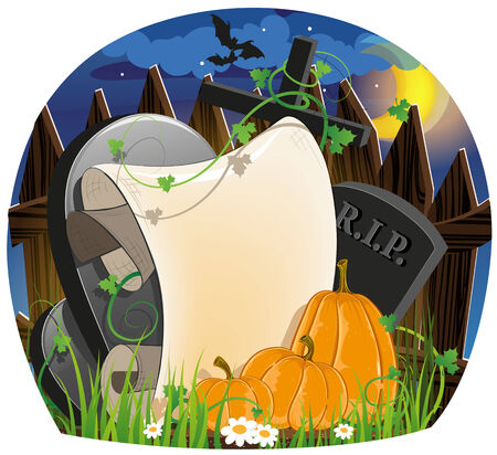 Gravestones, ripe pumpkins and old parchment. Night Halloween sceneのイラスト素材