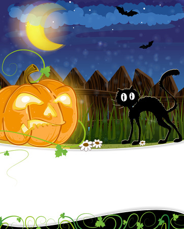 Evil pumpkin head and black cat near the fence. Halloween night sceneのイラスト素材