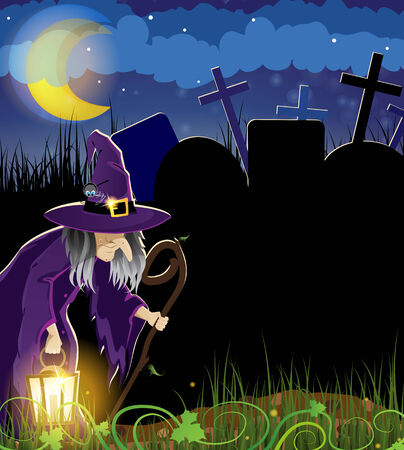 Old witch with a lantern  on a  night cemetery. Halloween night sceneのイラスト素材