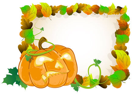 Jack o lantern on a background of autumn leaves. Halloween Greeting Cardのイラスト素材
