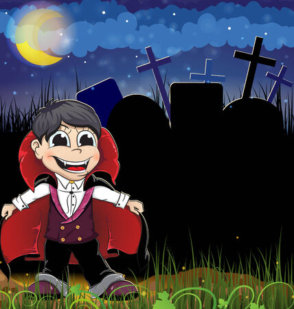 Smiling young vampire on a night cemetery. Halloween night sceneのイラスト素材