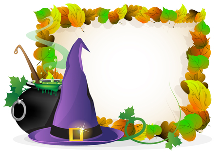 Witch hat and  boiling cauldron on a background of autumn leaves. Halloween Greeting Cardのイラスト素材