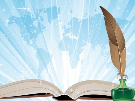 Open book, feather and  map on a blue shining backgroundのイラスト素材