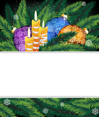Purple, blue and orange Christmas balls, candles and pine branches. Christmas background with place for text のイラスト素材