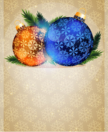 Blue and orange Christmas Baubles on a beige background with transparent snowflakesのイラスト素材