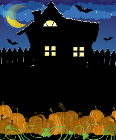  Pumpkins near the house with glowing windows. Halloween night scene  のイラスト素材