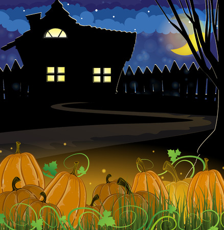  Pumpkins near the house with glowing windows. Halloween night scene  のイラスト素材
