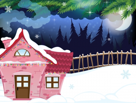 Small brick house in the winter forest.  Winter Night Sceneのイラスト素材