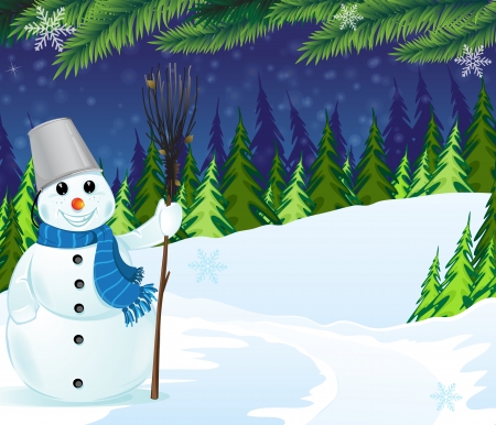 Snowman with a broom and bucket in a  pine forest. Winter night sceneのイラスト素材