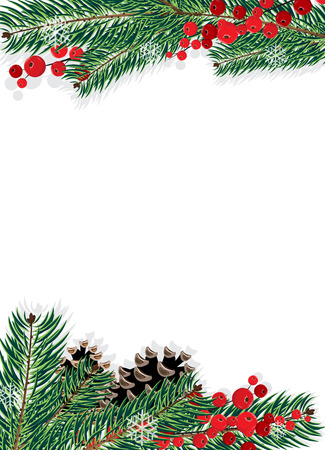 Spruce branches with cones and red berries on a white backgroundのイラスト素材